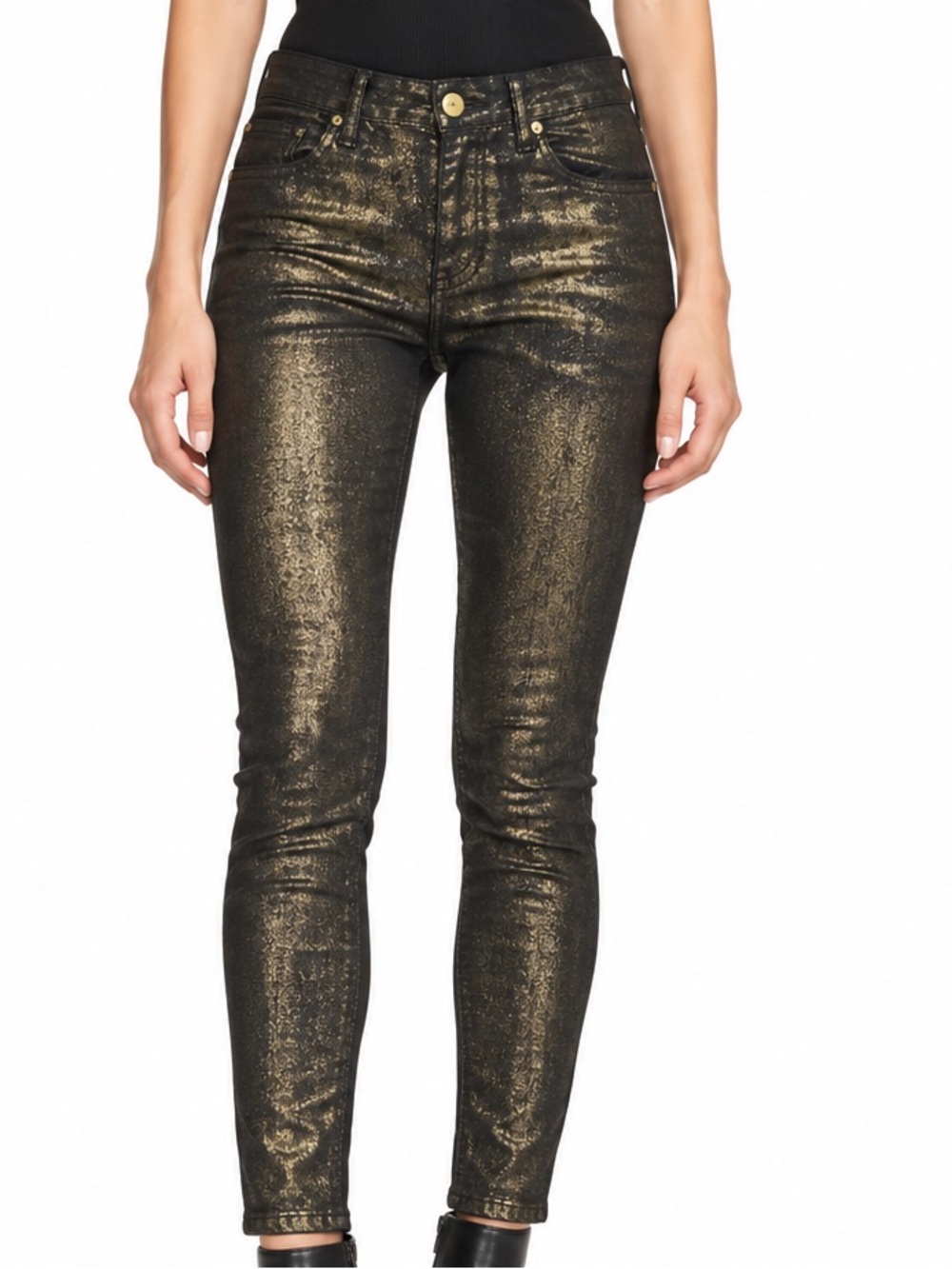 New FRAME Le High Skinny Old Gold Metallic Jeans Size 25